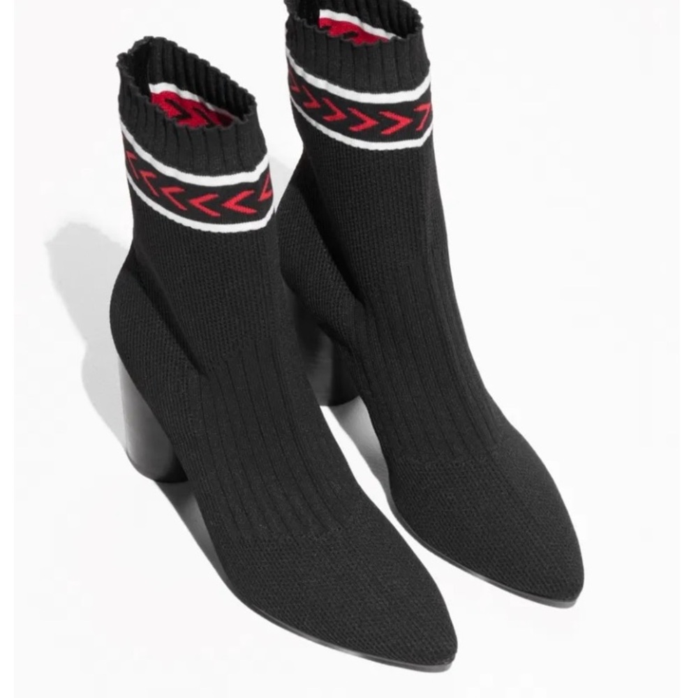 Black Knit Ankle Boots with Red Chevron Detail